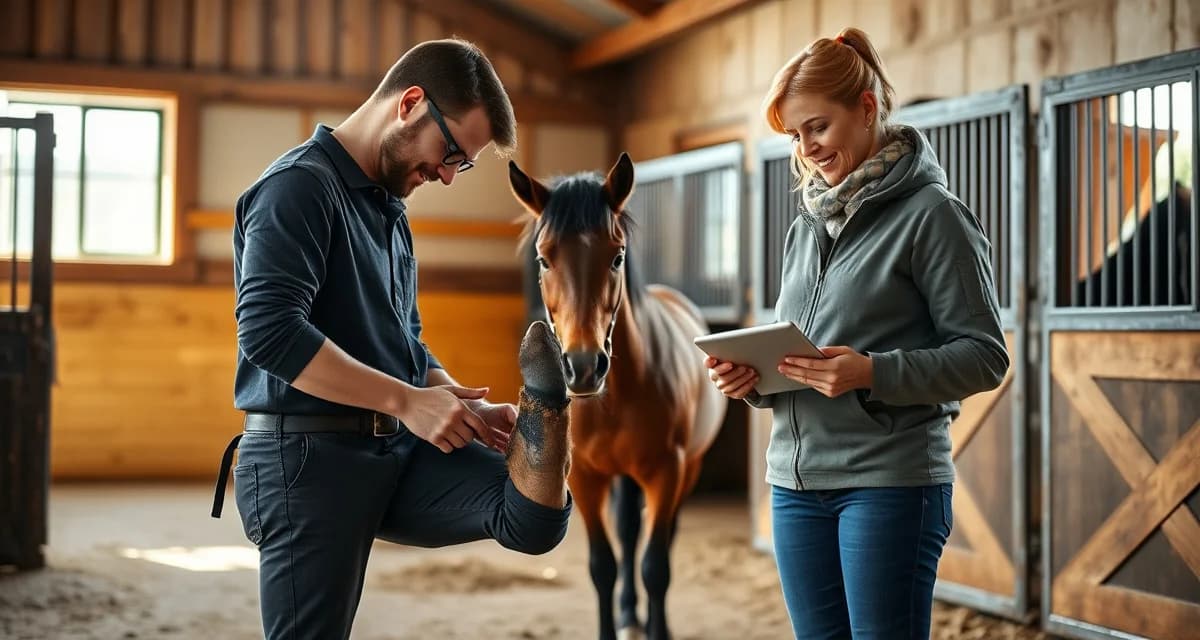 Farrier updating pony club barn owner on hoof care with digital scheduling software showing communication workflow