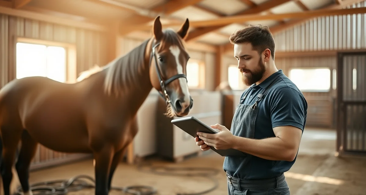 Farrier documenting therapeutic horse care updates on digital device in professional barn management system
