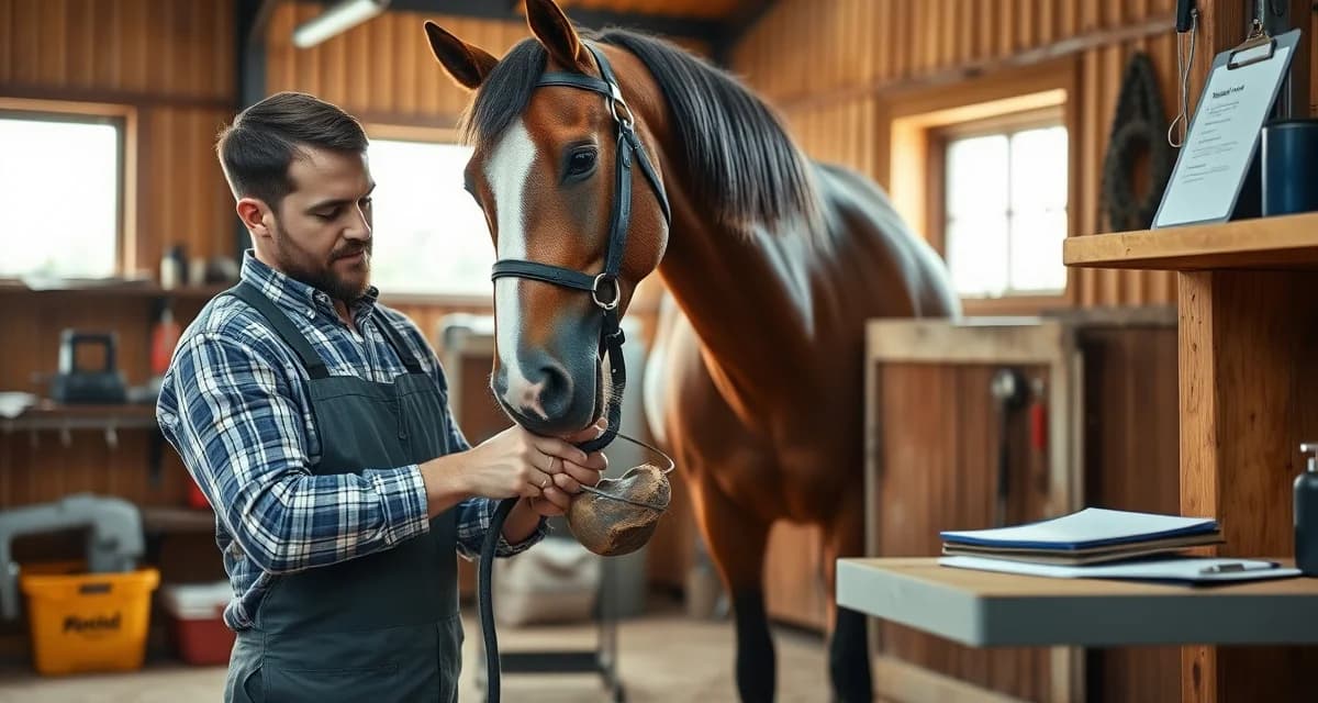 Professional farrier trimming horse hooves in organized barn with charge tracking systems visible, showing proper farrier and vet expense management.