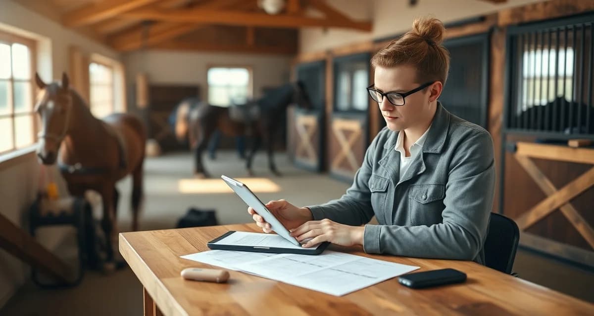 Barn manager using farrier and vet charge tracking software to reconcile pass-through charges on digital tablet