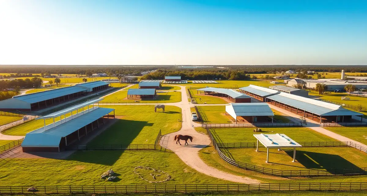 Modern Florida equine facility with multiple barns, pastures, and shade structures designed for heat and humidity management.