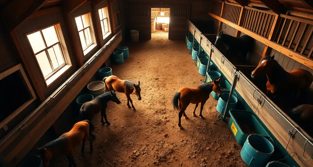 Organized foal feeding schedule setup in breeding farm barn with creep feeders and individual feed stations for multiple developmental stages