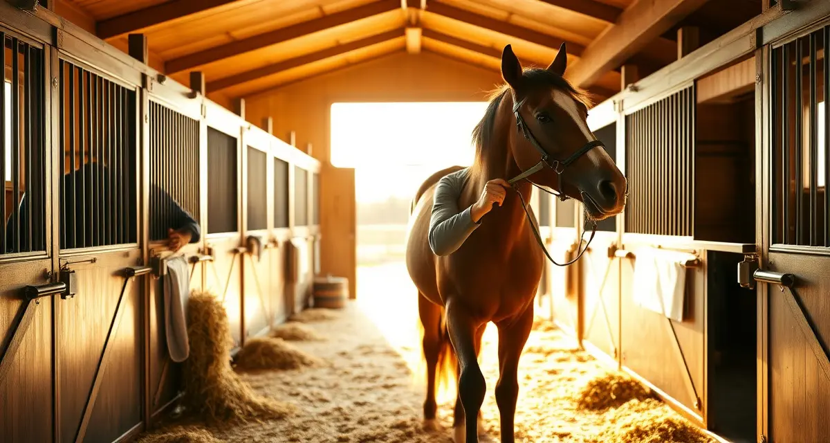 Horse barn manager performing daily full-care horse boarding responsibilities including stall cleaning and horse grooming in a professional stable facility.
