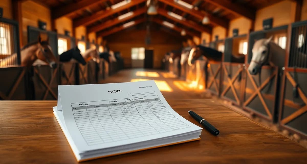 Organized gaited horse barn billing setup showing invoices and management documents on desk inside modern stable facility