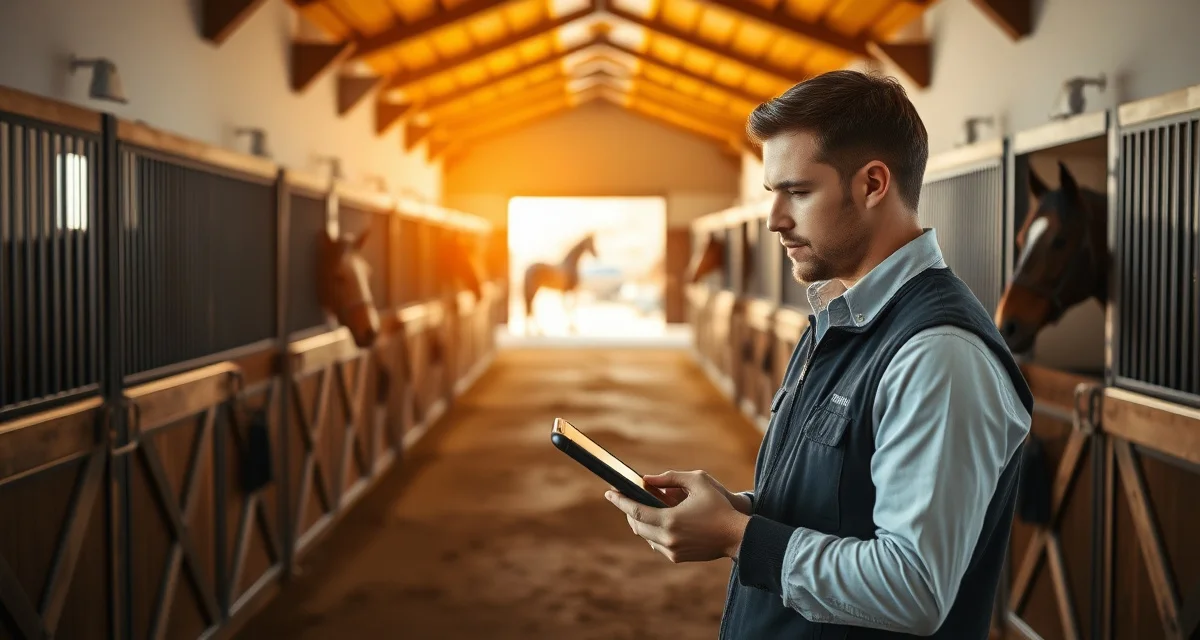 Gaited horse barn manager using communication software on tablet to coordinate with horse owners at modern stable facility