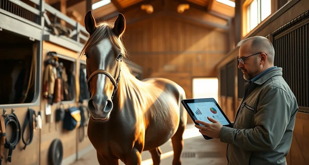 Modern barn management setup for gaited horses with digital tracking tools and organized stable facilities
