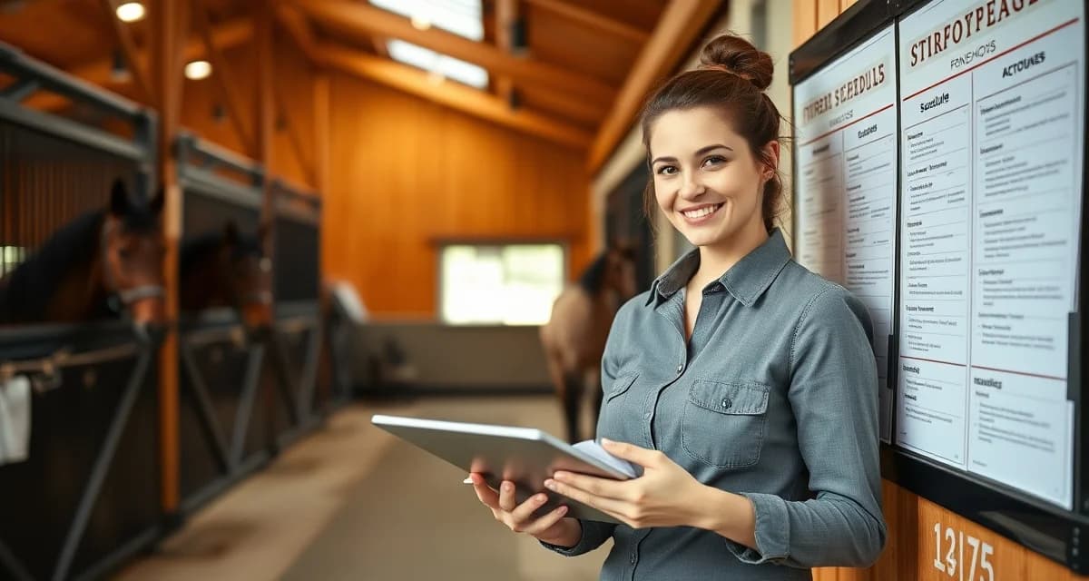 Barn manager organizing gaited horse facility staff schedules and communication using specialized barn management software
