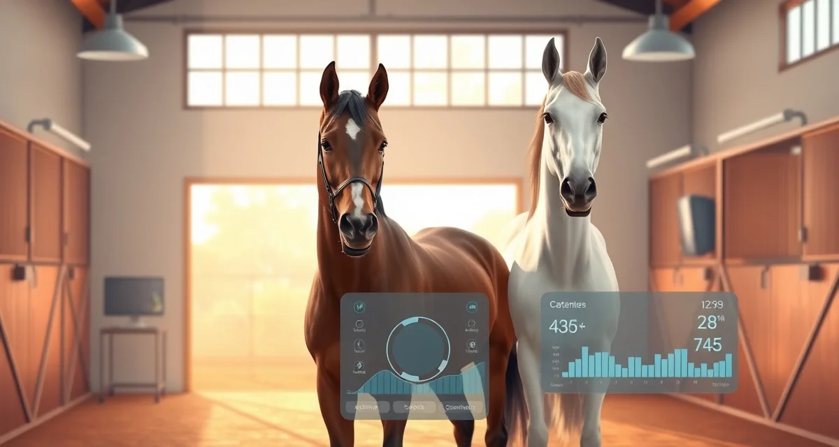 Gaited horses in a modern barn equipped with health monitoring systems for tracking gait quality and wellness metrics.