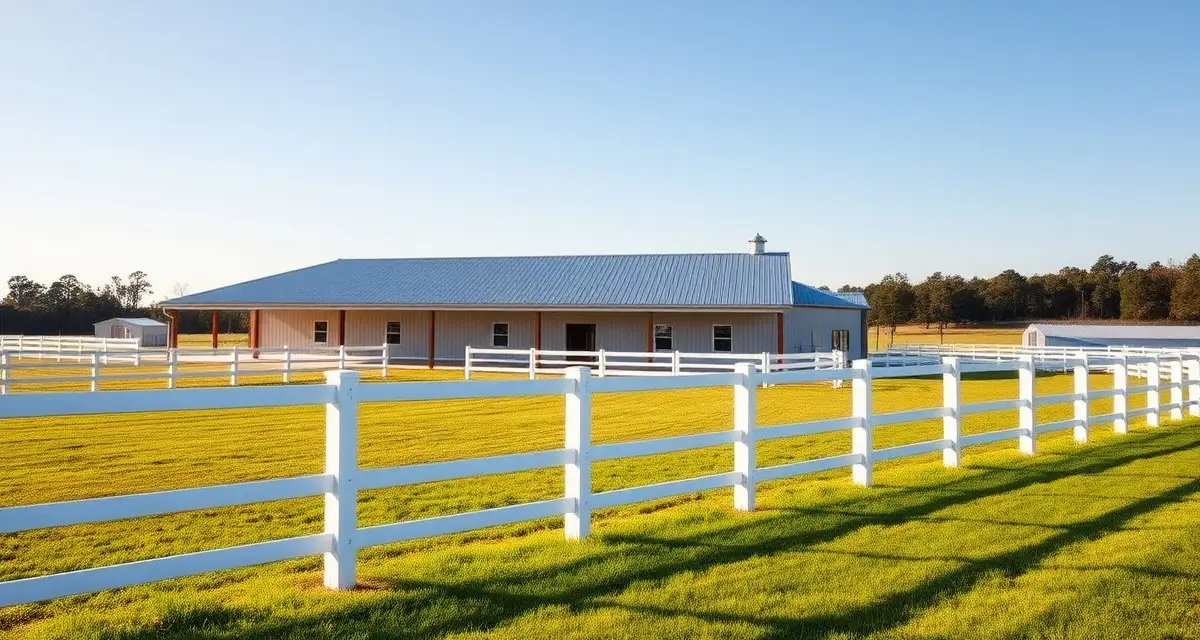 Modern equestrian barn facility in Georgia with white fencing, organized pastures, and well-maintained structures for horse care and stable management.