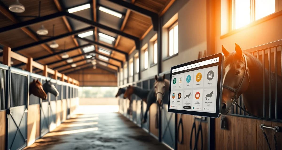 Modern horse barn management software interface displayed on tablet in professional Georgia equine facility with organized stalls