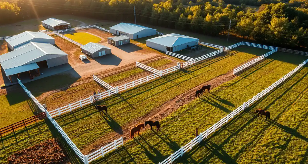 Professional horse boarding facility in Georgia with organized barns, paddocks, and grazing areas for equestrian business operations.