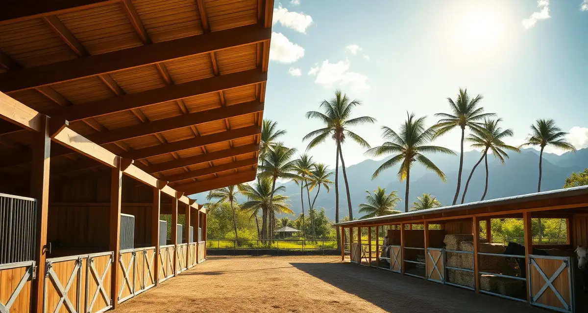 Modern horse barn facility in Hawaii with tropical landscape, demonstrating climate-adapted equestrian infrastructure and stable management systems.