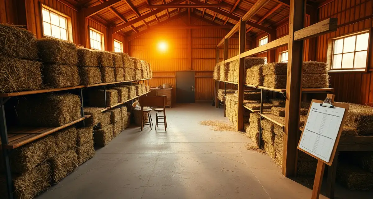 Organized hay bales stacked in sections within a horse barn storage area with proper inventory management systems