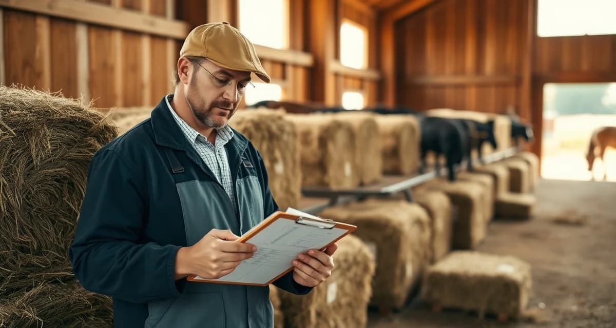 Barn manager reviewing hay quality tracking data and forage analysis results for proper horse feeding management