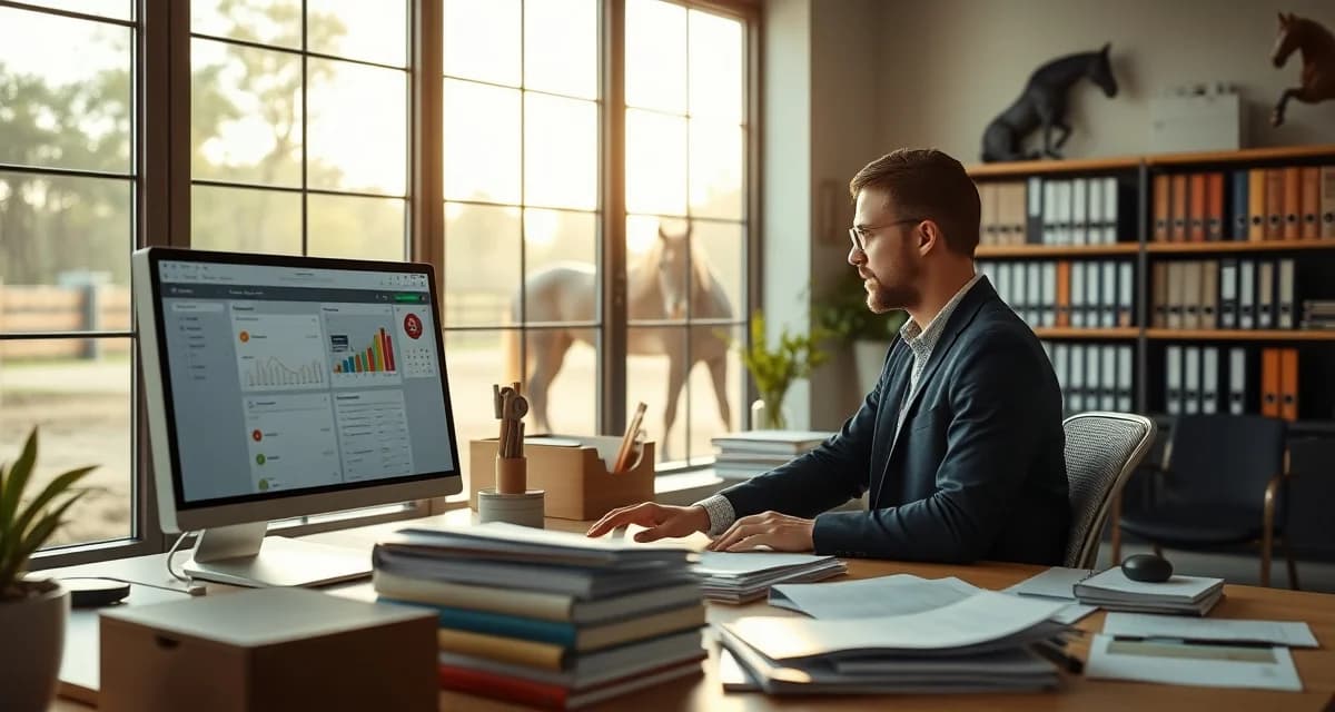 Horse account management software dashboard displaying charges, payment history, and owner information for equine facility billing