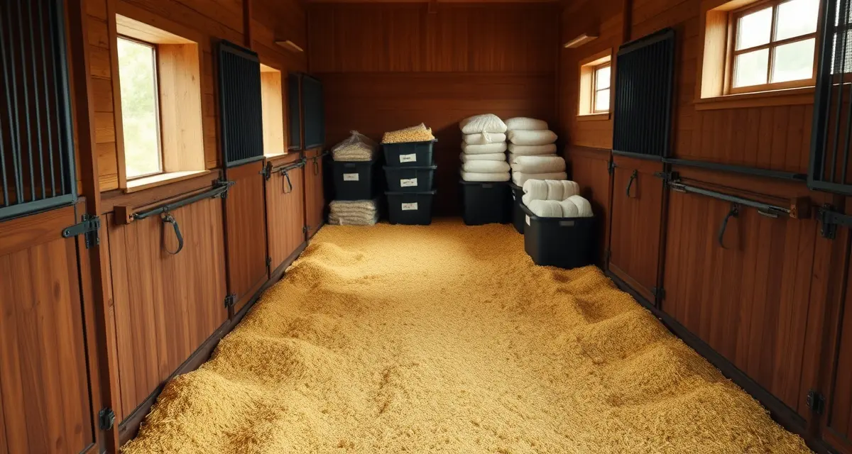 Organized horse stall bedding management system showing clean stall with proper bedding depth and inventory tracking supplies