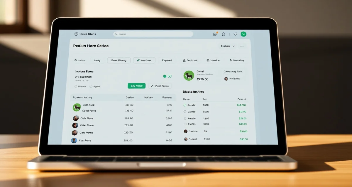 Horse barn billing owner self-service portal interface displaying invoices, payment history, and dispute tools for streamlined stable management.