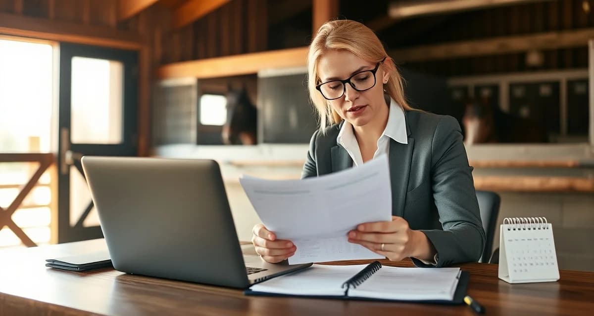 Barn manager reviewing boarder late payment policy procedures at desk with organized documents and calendar