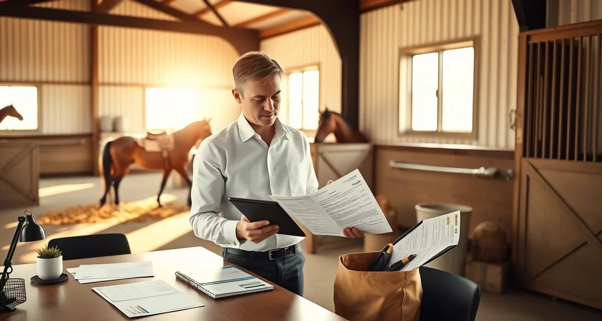 Horse barn manager organizing boarding and training billing invoices and payment records on digital platform