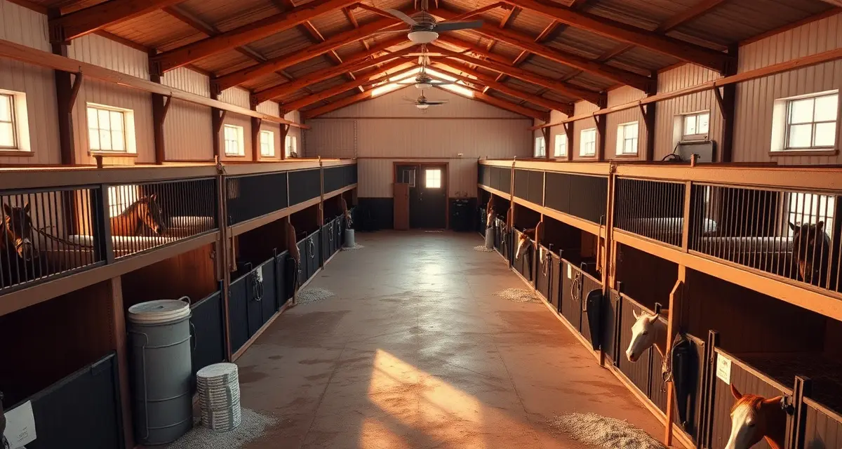 Organized horse barn interior showing optimal stall layout and capacity planning for equestrian facilities management