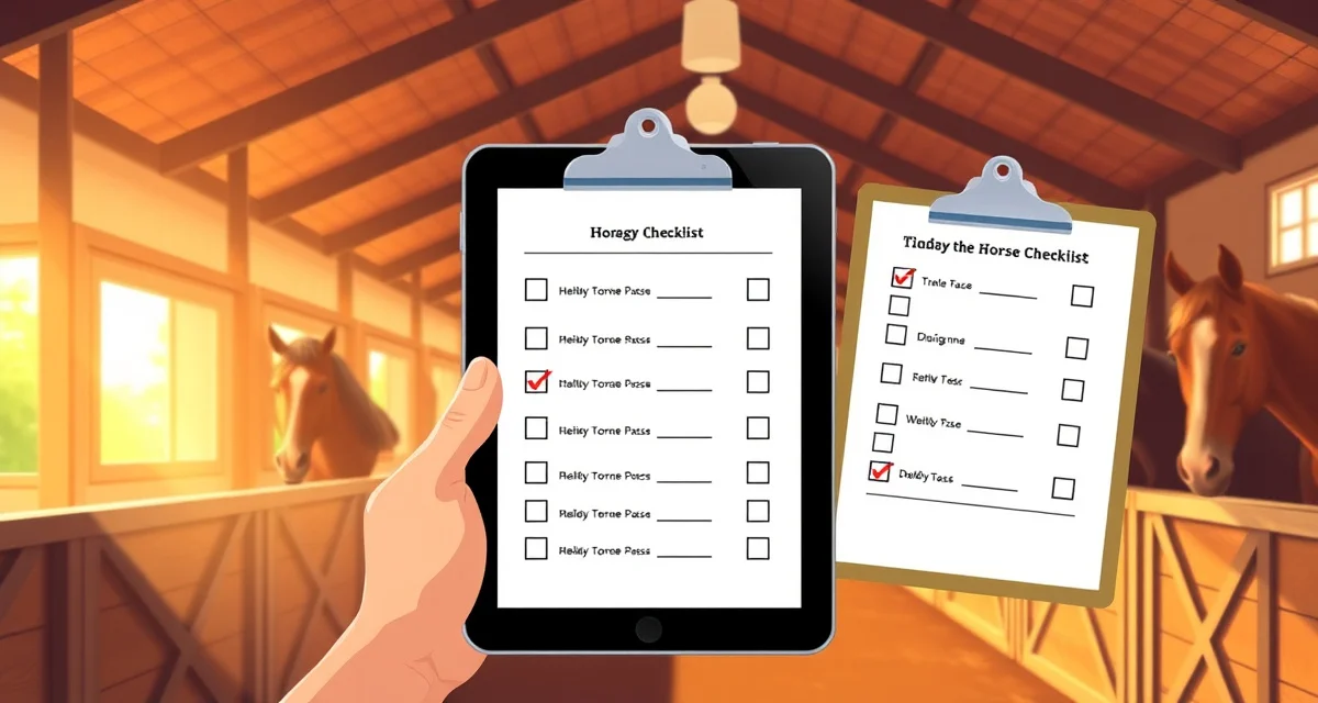 Digital barn chore checklist generator interface displayed on tablet in organized horse stable facility