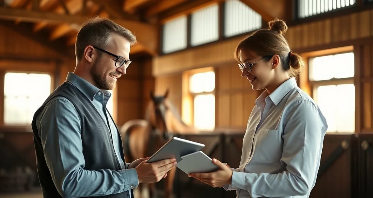 Barn manager discussing horse care communication with owner in professional stable office environment
