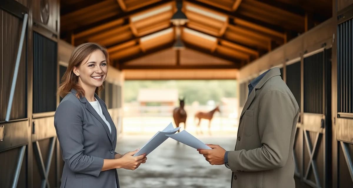 Professional barn manager greeting new boarding client at stable facility entrance with organized barn interior visible