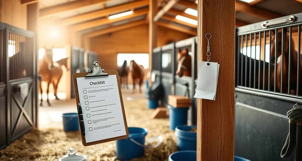 Organized horse barn interior with daily checklist clipboard for stable management and equestrian facility care routines.