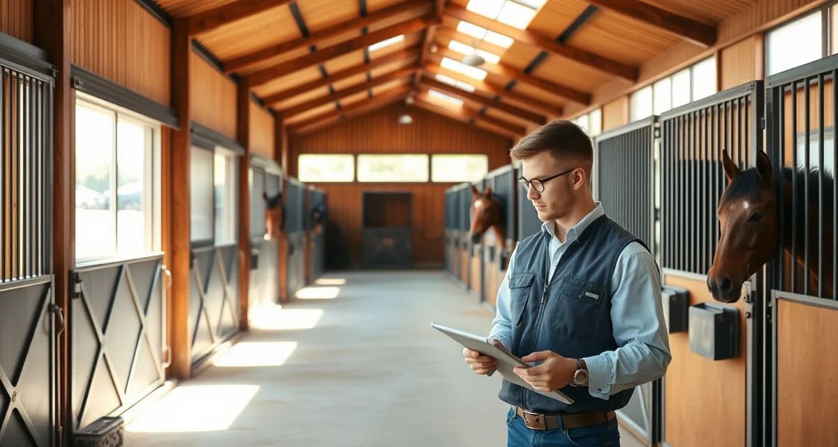 Barn manager performing daily horse care operations in a well-organized equestrian facility during morning routine