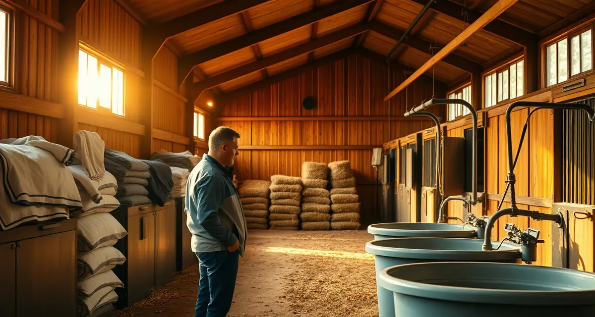 Horse barn manager preparing fall operations with water system inspection, hay storage, and blanket inventory for winter readiness