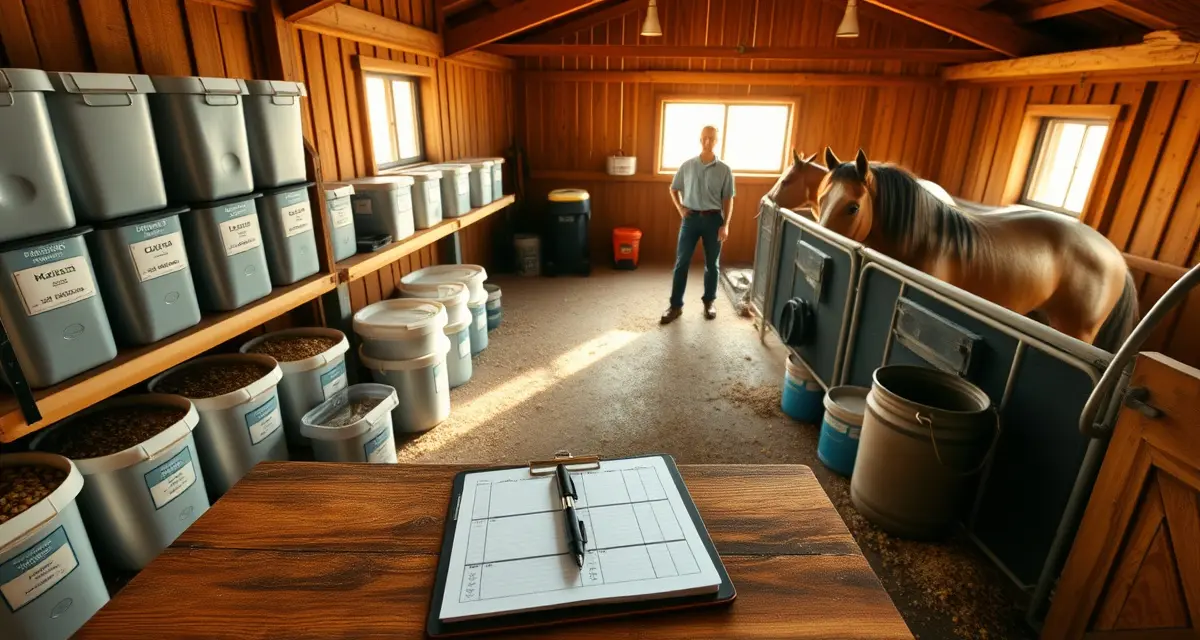 Organized horse barn feed storage with labeled containers and feeding program documentation for efficient equine facility management
