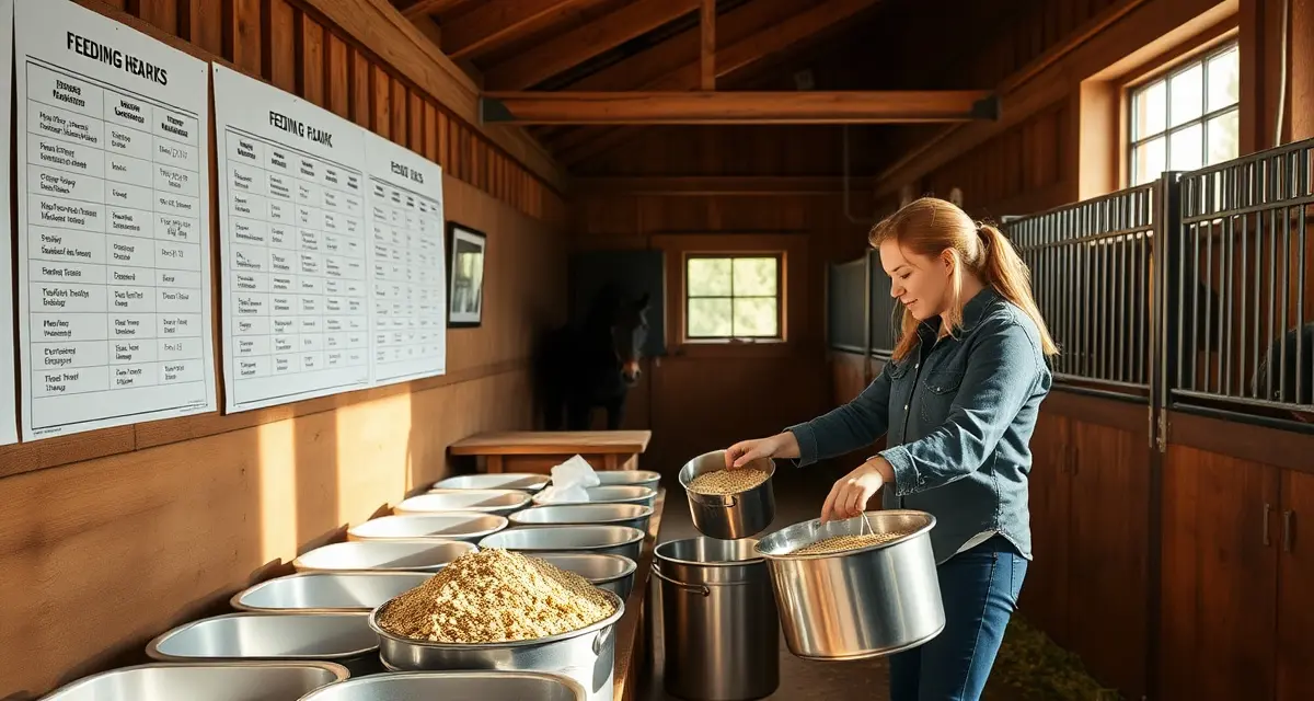 Organized horse barn feed room with measured portions and feeding schedule chart for equine nutrition management.