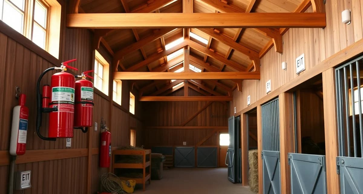 Horse barn fire safety checklist showing fire extinguishers and proper hay storage organization in equine facility