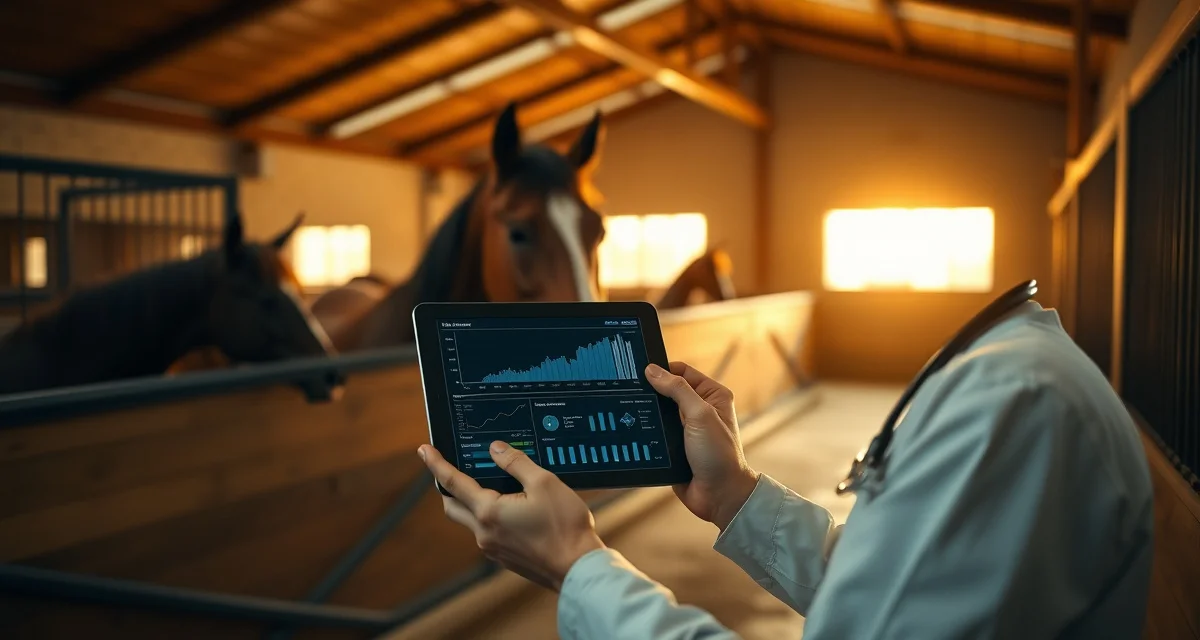 Veterinarian monitoring horse health data on tablet in modern barn management system with digital health tracking interface
