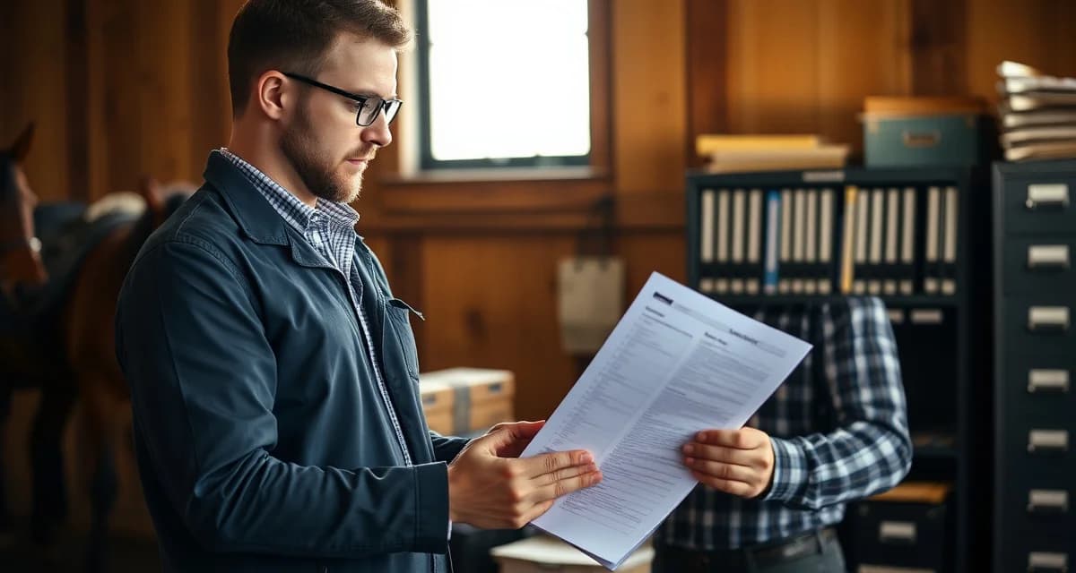 Barn manager documenting horse incident report with professional form and clipboard in stable office setting