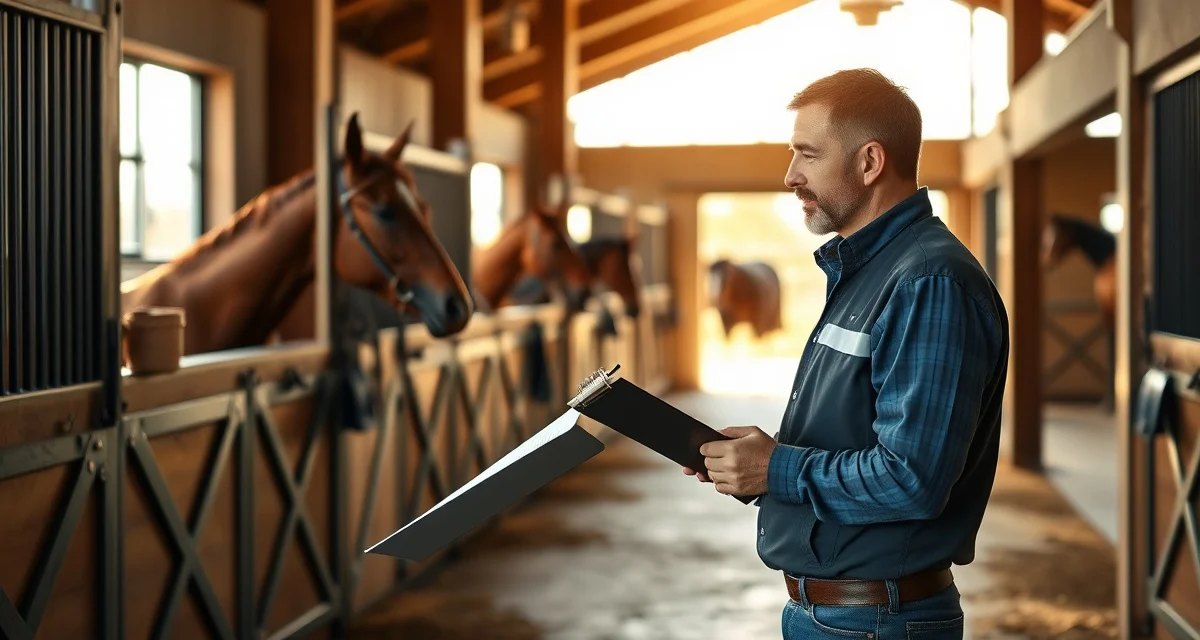 Barn manager using a horse barn inspection form checklist to systematically evaluate stable facilities and safety standards