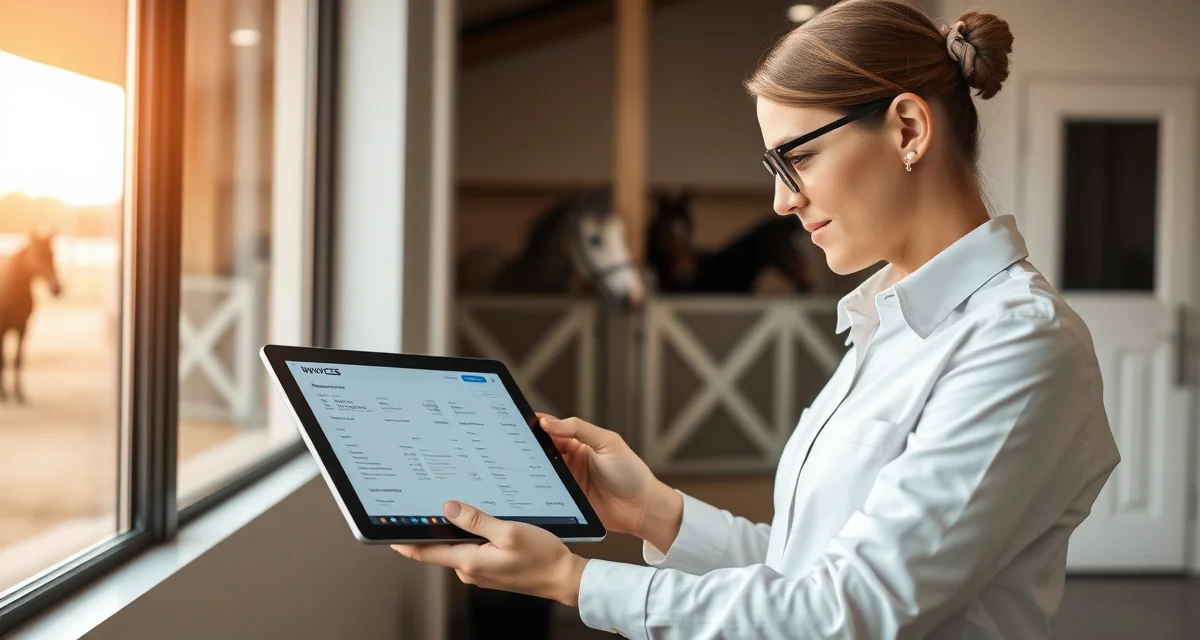 Digital invoice automation dashboard for horse barn boarding management showing organized monthly billing records and charge tracking.