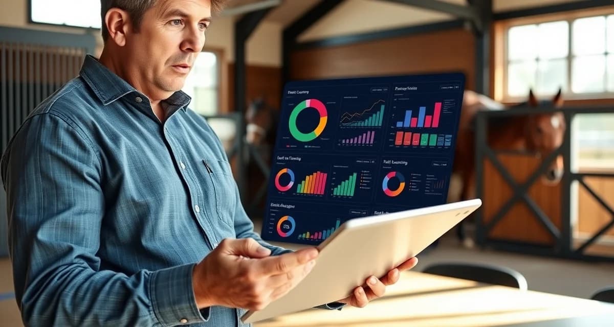 Barn manager analyzing horse barn KPIs on digital dashboard showing stall occupancy, revenue, and performance metrics for stable management.