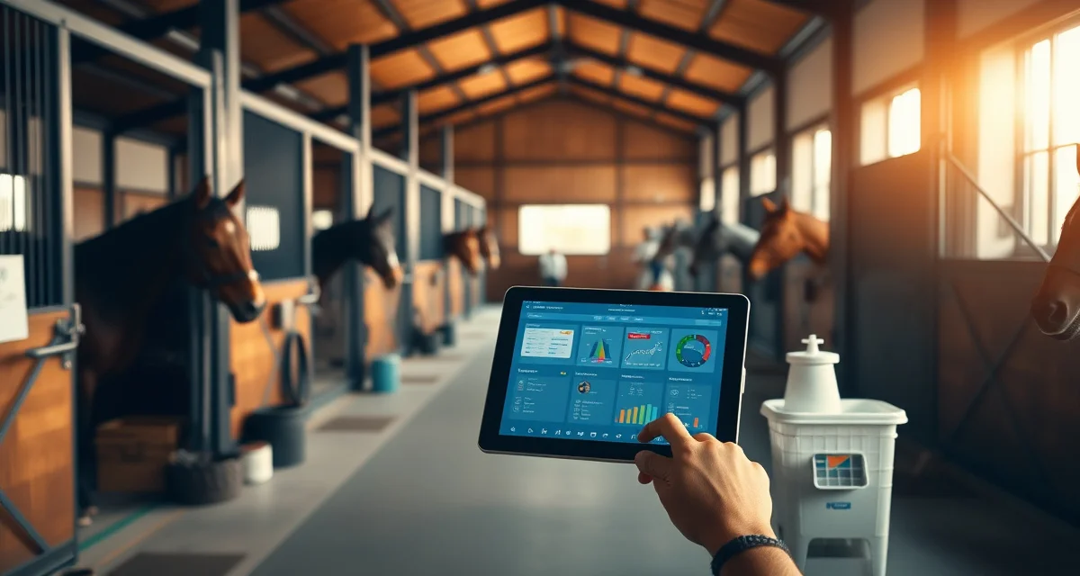 Modern barn management software dashboard displaying schedules and horse care tasks for a 50-horse equestrian facility