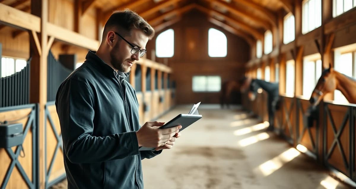 Horse barn manager using digital management software to organize stable operations and facility terminology