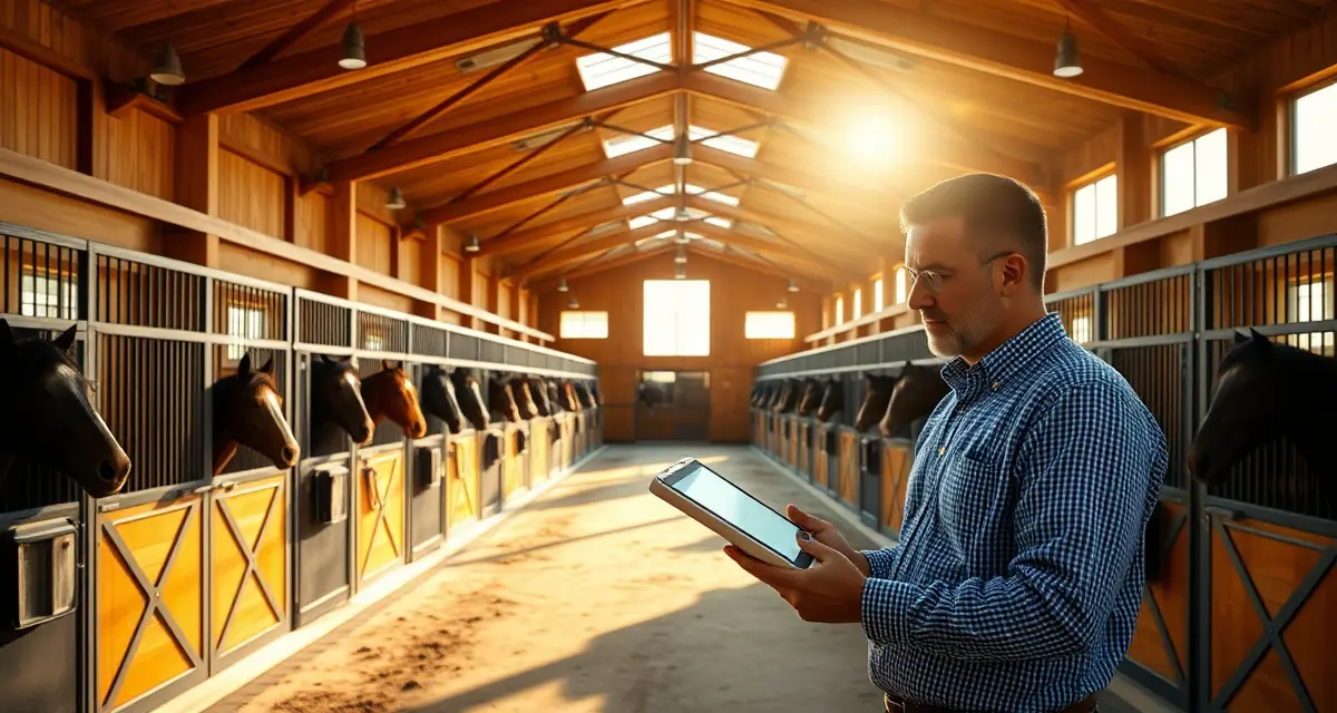 Modern horse barn interior showing organized stall layout for mid-size equine facility with digital management system in use