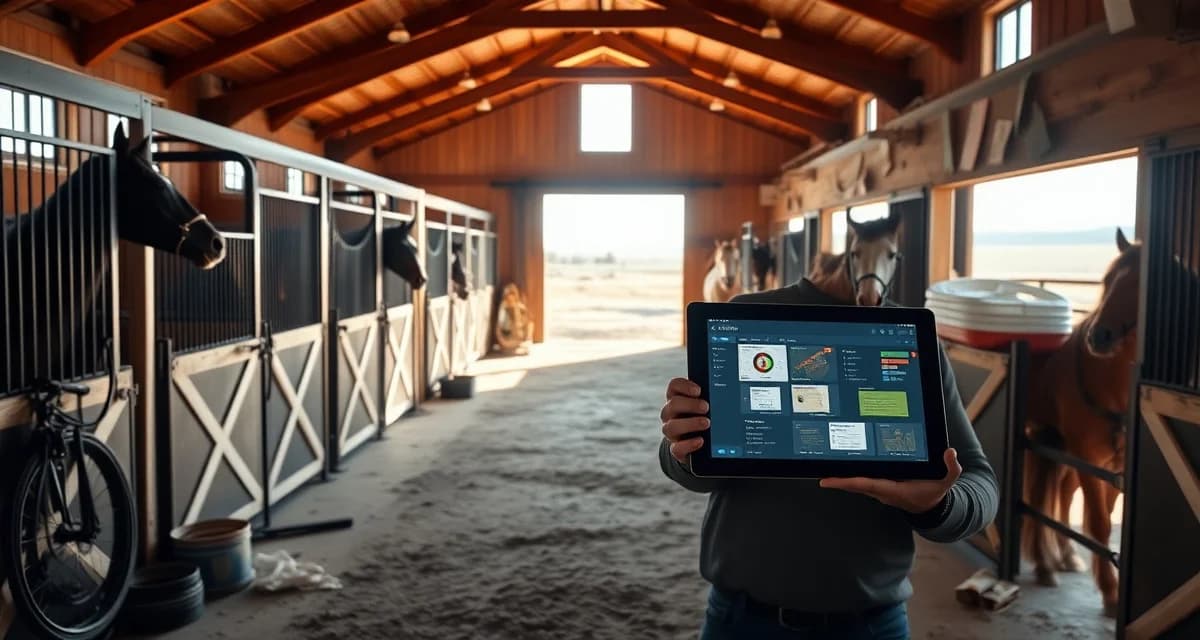 Modern horse barn management software interface displayed on tablet in well-organized stable facility near Casper Wyoming