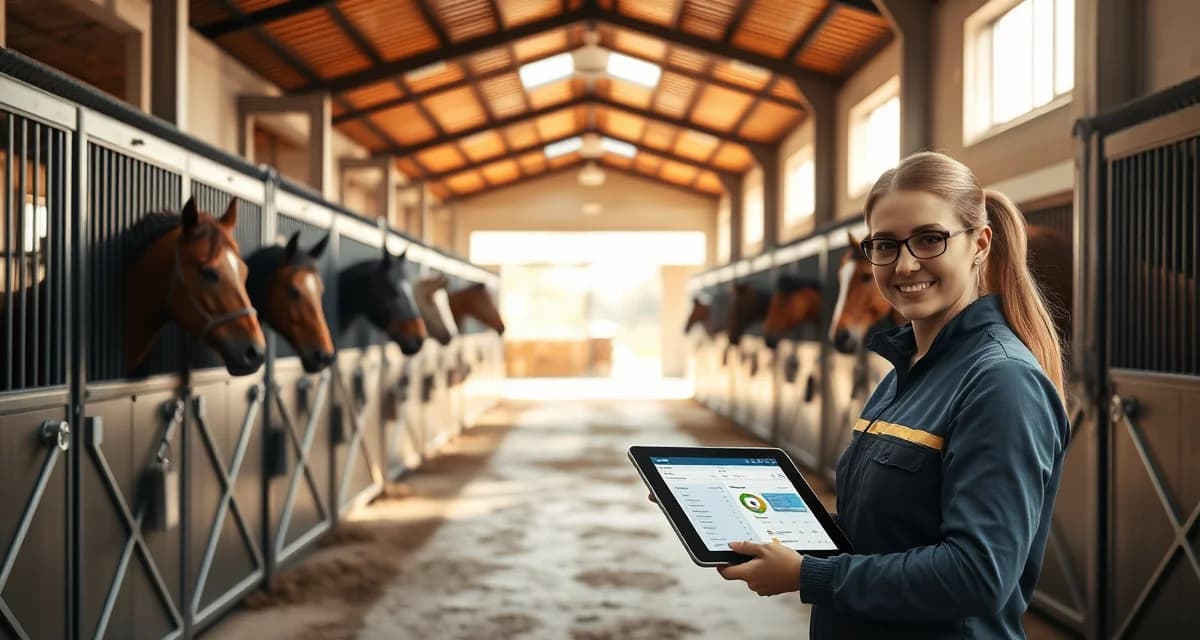 Professional horse barn manager using barn management software to organize stalls and schedules at an Idaho Falls equestrian facility