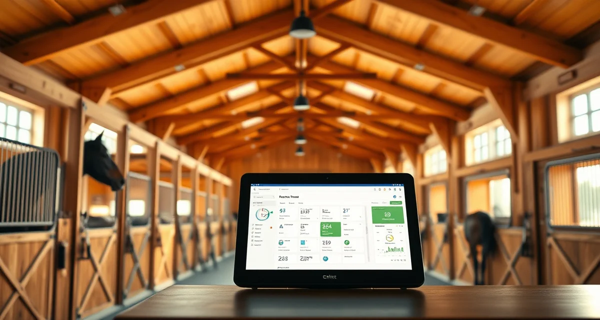 Modern horse barn interior with organized stalls and management software dashboard displayed on office tablet for Indiana equine facilities