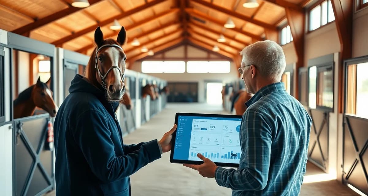 Modern barn management software interface displayed on tablet in a well-organized Kentucky horse stable facility.