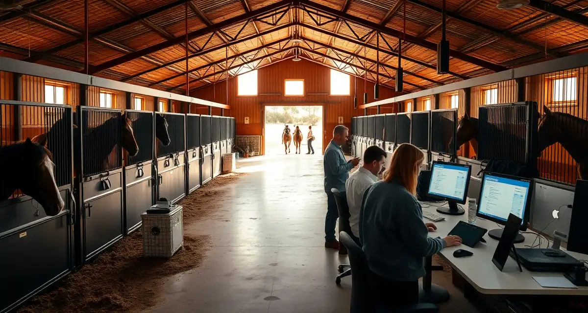 Horse barn management software dashboard displayed in modern Mississippi equine facility office with organized stalls visible in background.