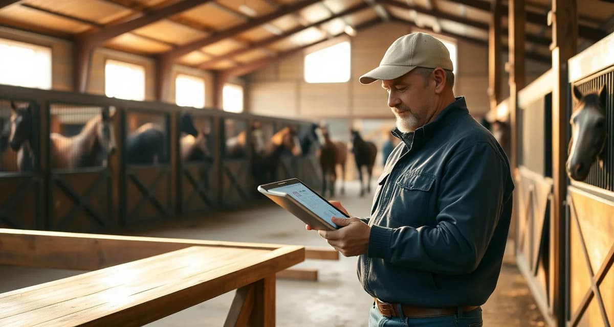 Barn manager using horse barn management software on tablet in modern equestrian facility near Mobile, Alabama