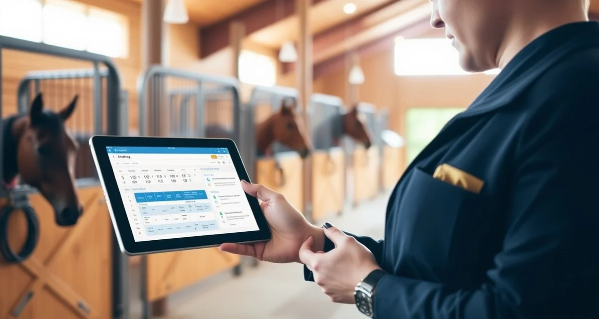 Horse barn management software interface displayed on tablet in modern New York equine facility with organized stalls