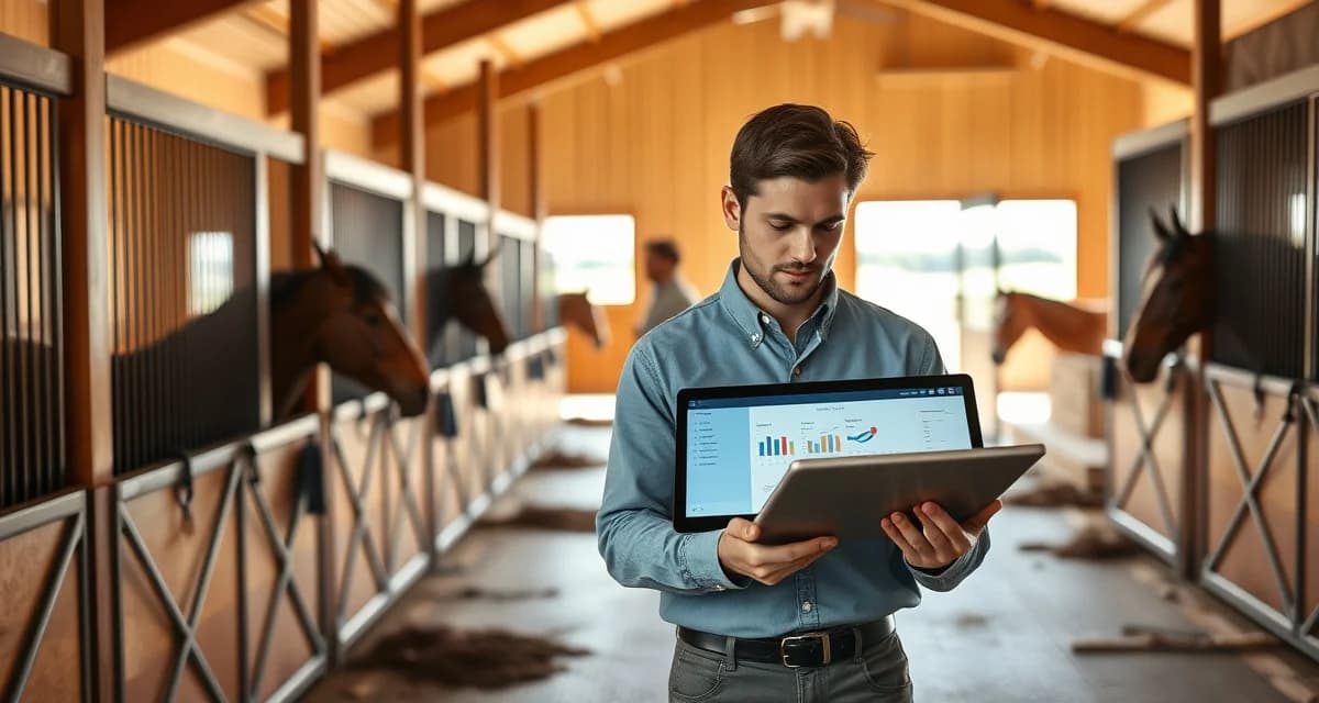 Horse barn management software interface displayed in modern Ohio equine facility with organized stalls and digital record-keeping system