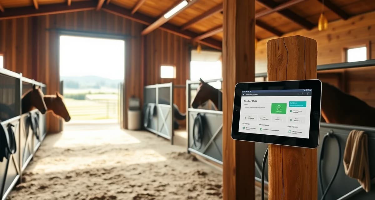 Modern horse barn interior with organized stalls and digital management software displayed on tablet for Spokane barn operations.